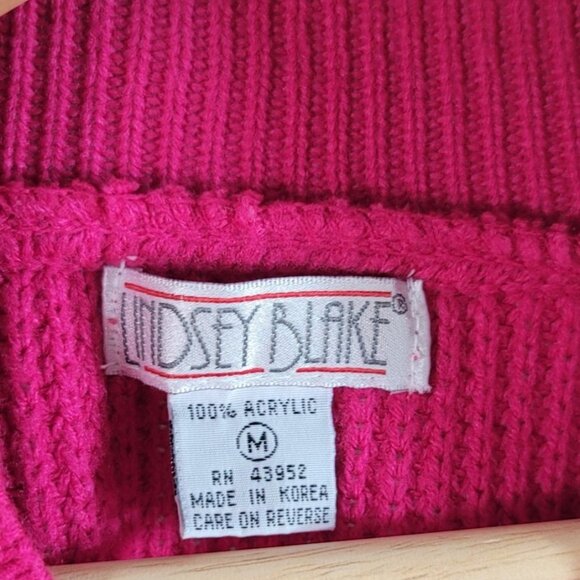 Lindsey Blake Chunky Knit Sweater Pink Med Long Sleeve V Neck Shoulder Pads VTG - Picture 5 of 6